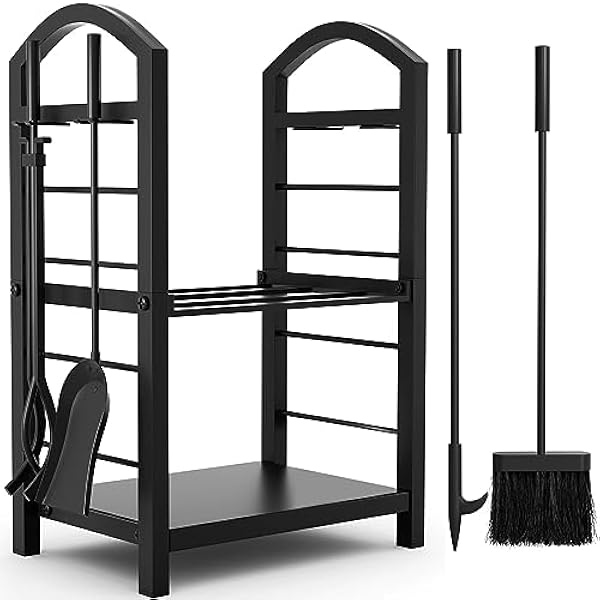 Amagabeli Vedställ för öppen spis, 40 x 74 x 30 cm med 4 eldstadsverktyg i smidesjärn, vedhållare för inomhusbruk, vedspis, eldstad utomhus, kraftigt trä, staplingskit för eldstadsverktyg